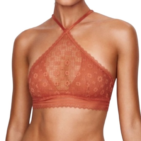 Victoria’s Secret Burnt Orange Flowered Lace Boho Triangle Halter Bralette - Picture 2 of 16